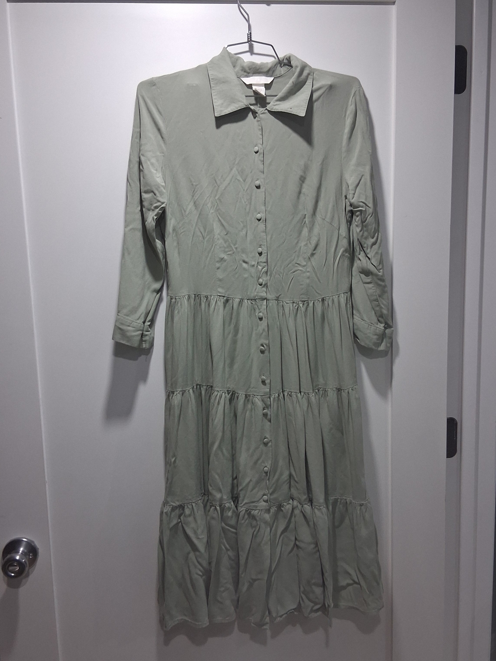 H&M Tiered Button-Front Long Sleeve Dress in Sage Green 6